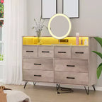 Storage cabinet, 8 drawer dresser with LED lights and charging station, wooden chest of drawers, open space, entryway, living room storage organizer