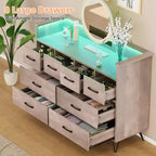 Storage cabinet, 8 drawer dresser with LED lights and charging station, wooden chest of drawers, open space, entryway, living room storage organizer