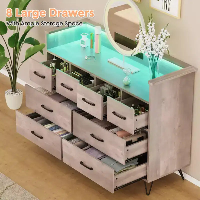 Storage cabinet, 8 drawer dresser with LED lights and charging station, wooden chest of drawers, open space, entryway, living room storage organizer