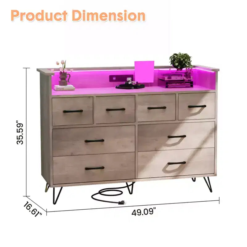 Storage cabinet, 8 drawer dresser with LED lights and charging station, wooden chest of drawers, open space, entryway, living room storage organizer
