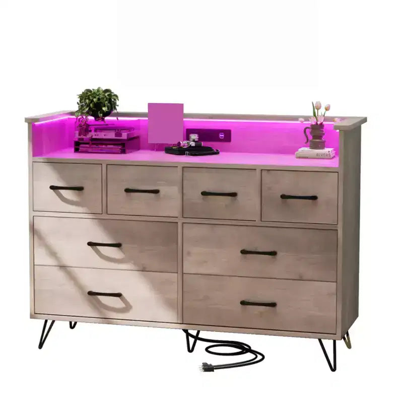 Storage cabinet, 8 drawer dresser with LED lights and charging station, wooden chest of drawers, open space, entryway, living room storage organizer