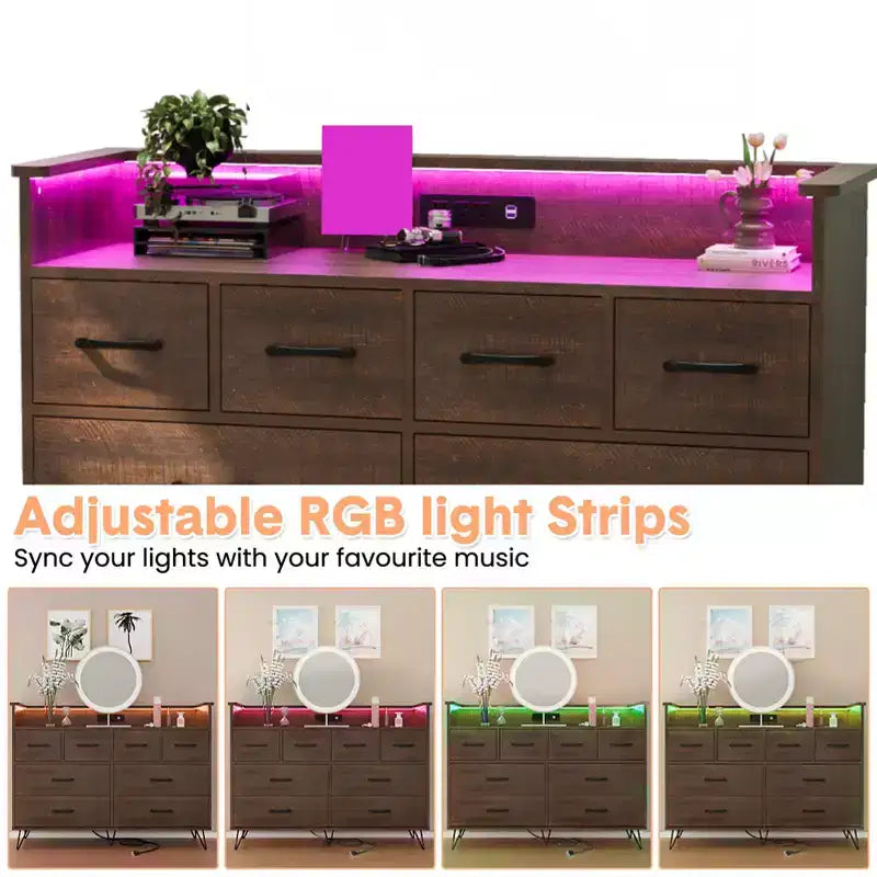 Storage cabinet, 8 drawer dresser with LED lights and charging station, wooden chest of drawers, open space, entryway, living room storage organizer