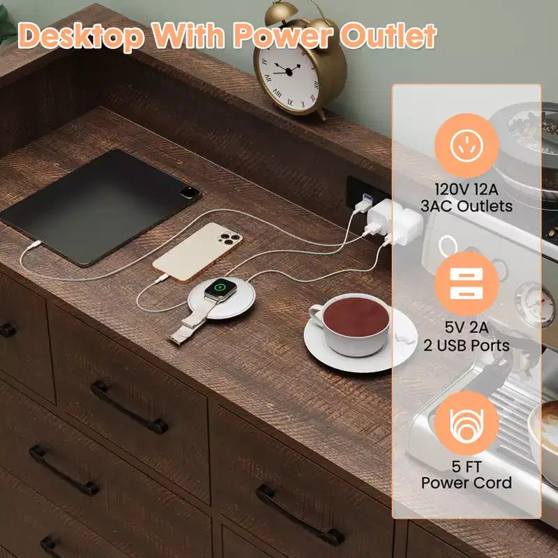 Storage cabinet, 8 drawer dresser with LED lights and charging station, wooden chest of drawers, open space, entryway, living room storage organizer