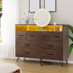 Storage cabinet, 8 drawer dresser with LED lights and charging station, wooden chest of drawers, open space, entryway, living room storage organizer