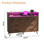 Storage cabinet, 8 drawer dresser with LED lights and charging station, wooden chest of drawers, open space, entryway, living room storage organizer