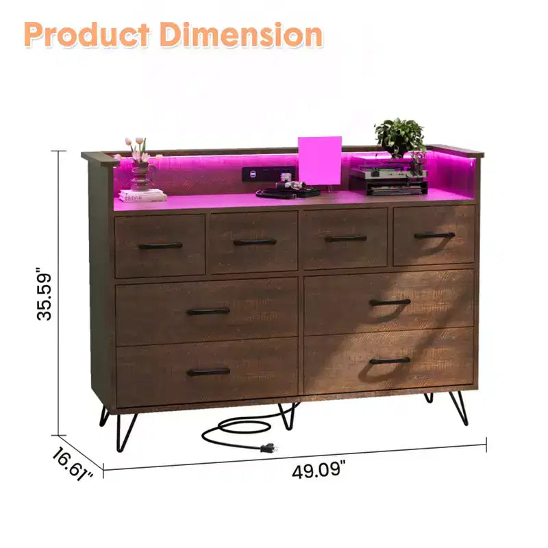 Storage cabinet, 8 drawer dresser with LED lights and charging station, wooden chest of drawers, open space, entryway, living room storage organizer