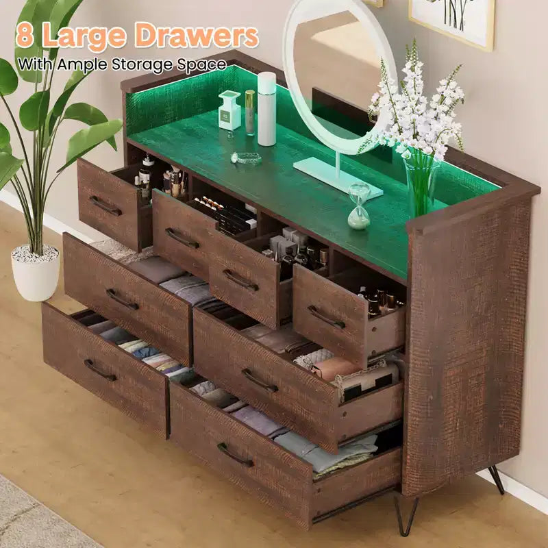 Storage cabinet, 8 drawer dresser with LED lights and charging station, wooden chest of drawers, open space, entryway, living room storage organizer