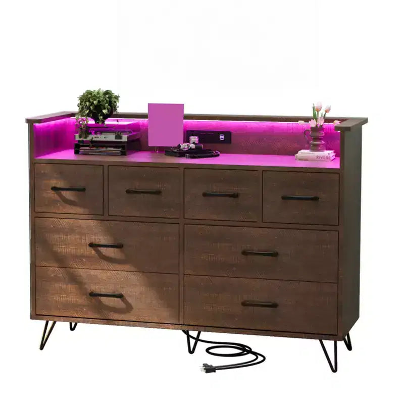 Storage cabinet, 8 drawer dresser with LED lights and charging station, wooden chest of drawers, open space, entryway, living room storage organizer