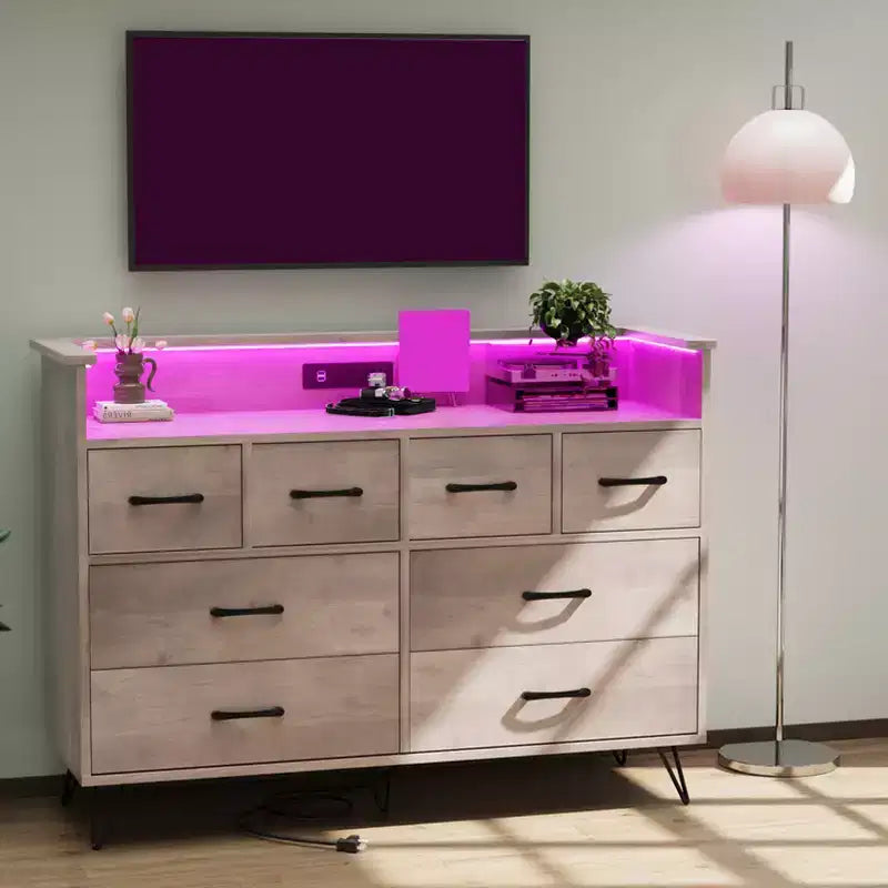 Storage cabinet, 8 drawer dresser with LED lights and charging station, wooden chest of drawers, open space, entryway, living room storage organizer