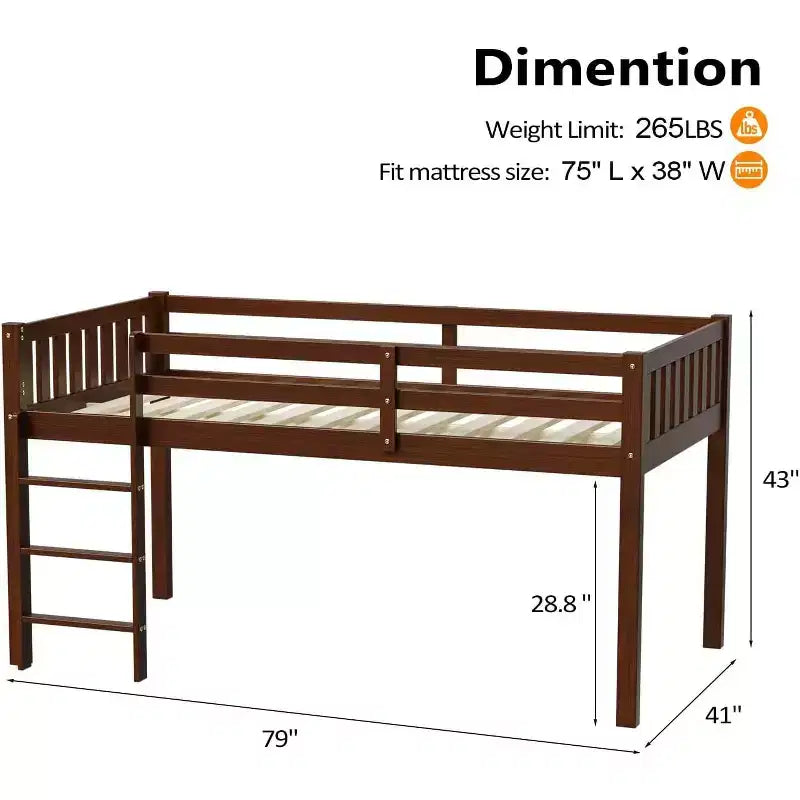 JOYMOR Low Loft Bed Twin Size with Stairs, Wooden Loft Bed for Kids, Pine Wood Twin Bed Frame,No Box Spring Needed, Espresso