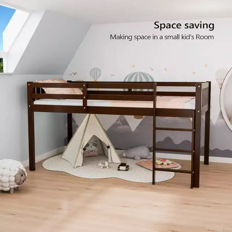 JOYMOR Low Loft Bed Twin Size with Stairs, Wooden Loft Bed for Kids, Pine Wood Twin Bed Frame,No Box Spring Needed, Espresso