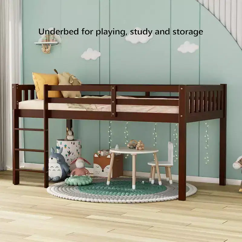 JOYMOR Low Loft Bed Twin Size with Stairs, Wooden Loft Bed for Kids, Pine Wood Twin Bed Frame,No Box Spring Needed, Espresso