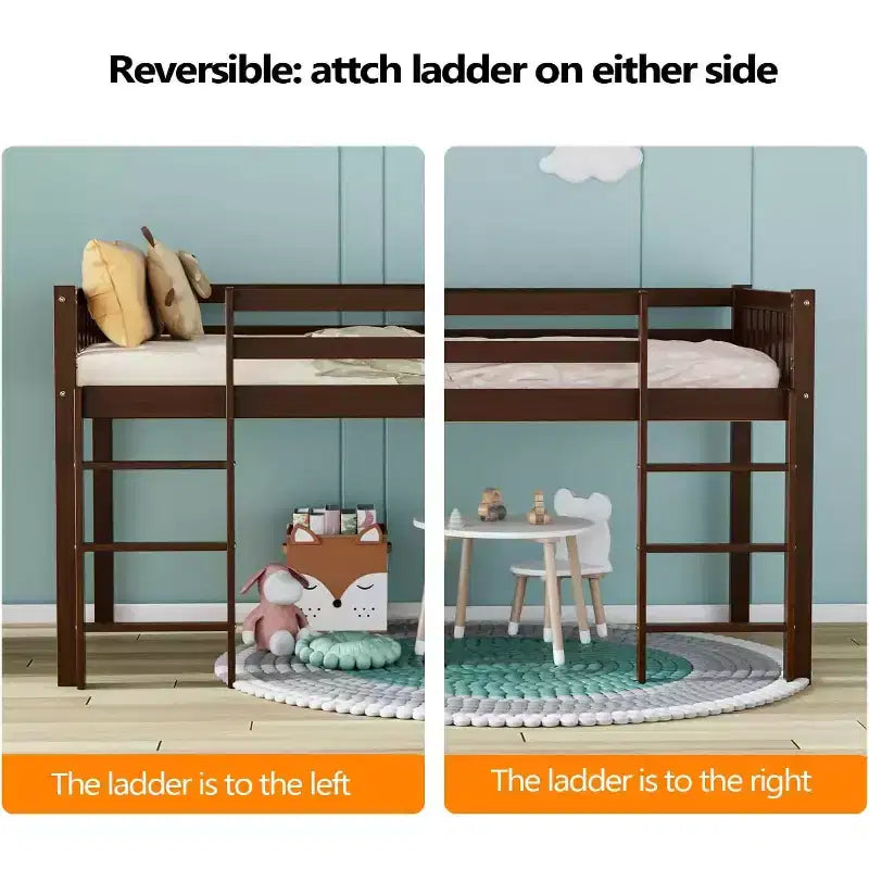 JOYMOR Low Loft Bed Twin Size with Stairs, Wooden Loft Bed for Kids, Pine Wood Twin Bed Frame,No Box Spring Needed, Espresso