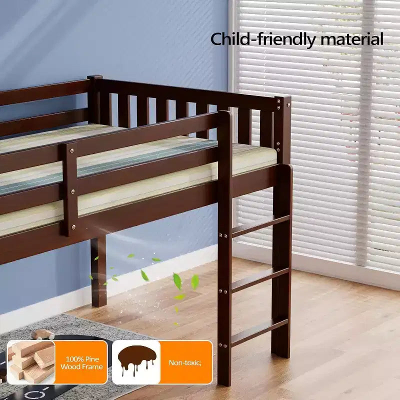 JOYMOR Low Loft Bed Twin Size with Stairs, Wooden Loft Bed for Kids, Pine Wood Twin Bed Frame,No Box Spring Needed, Espresso