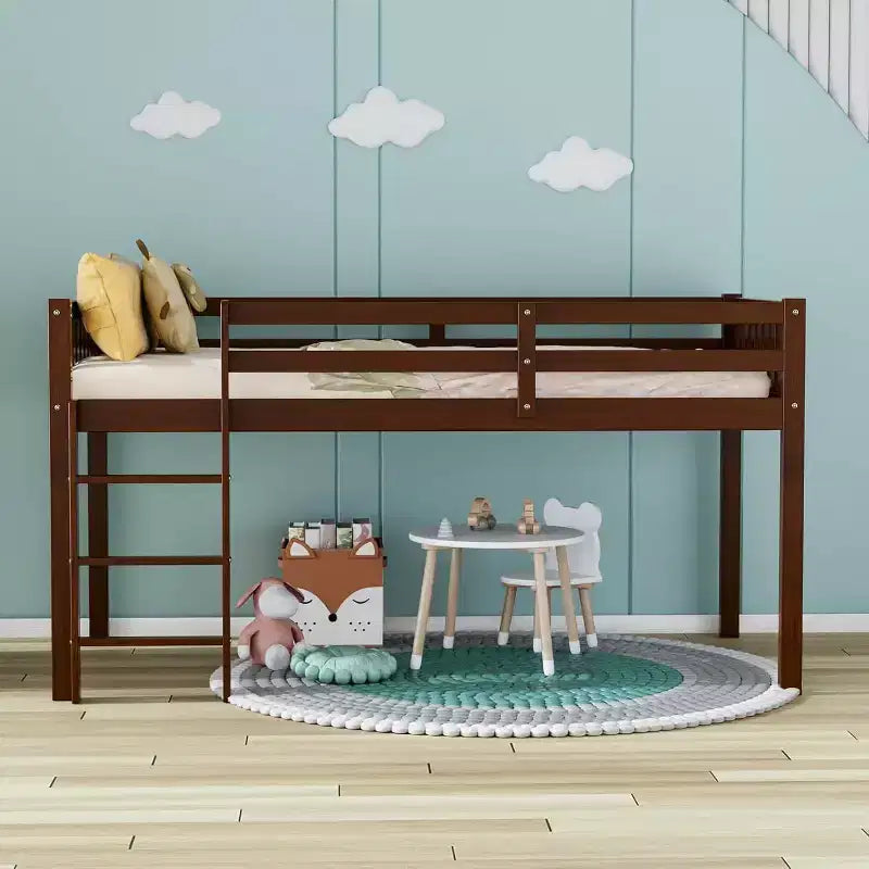 JOYMOR Low Loft Bed Twin Size with Stairs, Wooden Loft Bed for Kids, Pine Wood Twin Bed Frame,No Box Spring Needed, Espresso