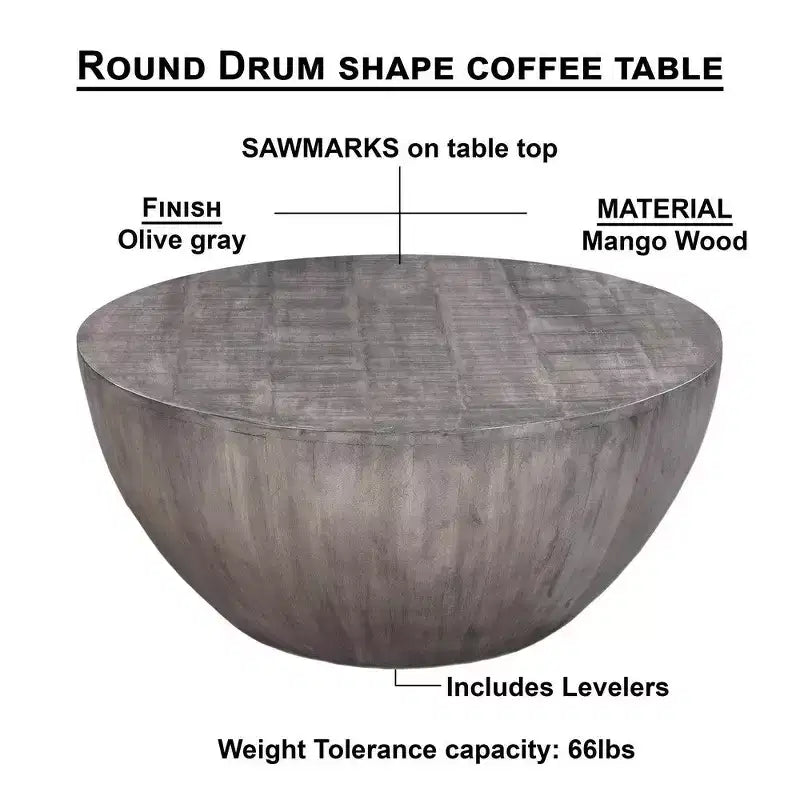 Royal Hampton 36 Inch Round Coffee Table, Handcrafted Drum Shape