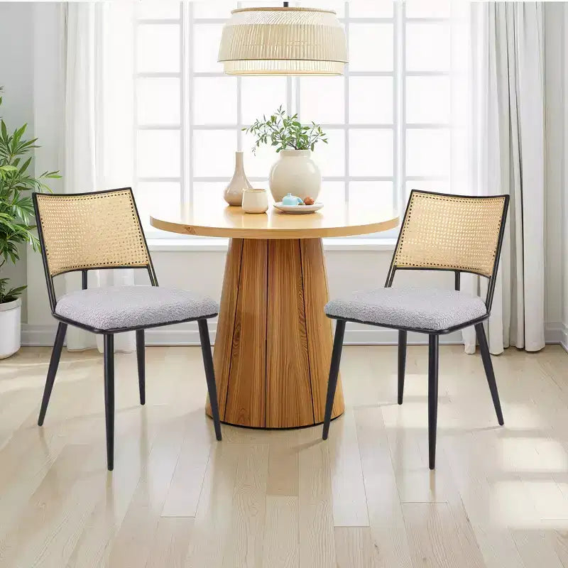 MAYEERTY Dining Chairs Set of 2, Rattan Backrest, Metal Frame, Boucle Upholstery for Living