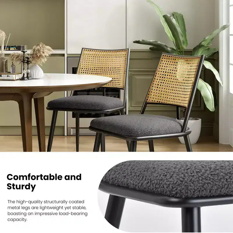 MAYEERTY Dining Chairs Set of 2, Rattan Backrest, Metal Frame, Boucle Upholstery for Living
