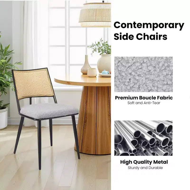 MAYEERTY Dining Chairs Set of 2, Rattan Backrest, Metal Frame, Boucle Upholstery for Living