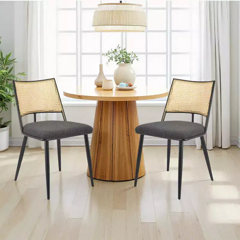 MAYEERTY Dining Chairs Set of 2, Rattan Backrest, Metal Frame, Boucle Upholstery for Living