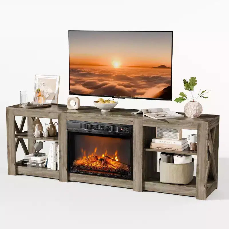 VINGLI Fireplace TV Stand for up to 80 inch TVs, Farmhouse Entertainment Center with Electric Fireplace Heater & Adjustable Shelves