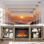 VINGLI Fireplace TV Stand for up to 80 inch TVs, Farmhouse Entertainment Center with Electric Fireplace Heater & Adjustable Shelves