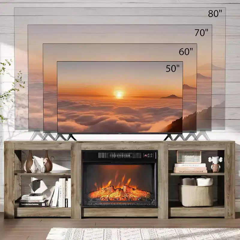 VINGLI Fireplace TV Stand for up to 80 inch TVs, Farmhouse Entertainment Center with Electric Fireplace Heater & Adjustable Shelves