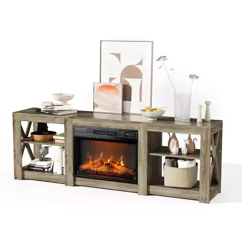 VINGLI Fireplace TV Stand for up to 80 inch TVs, Farmhouse Entertainment Center with Electric Fireplace Heater & Adjustable Shelves