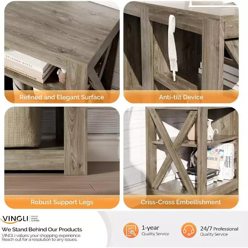 VINGLI Fireplace TV Stand for up to 80 inch TVs, Farmhouse Entertainment Center with Electric Fireplace Heater & Adjustable Shelves