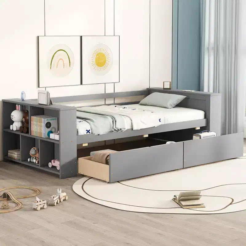 Wood Twin Size Daybed Frame with Storage Drawers, Day Bed Frame Twin with Storage Shelves for Kids Boys Girls