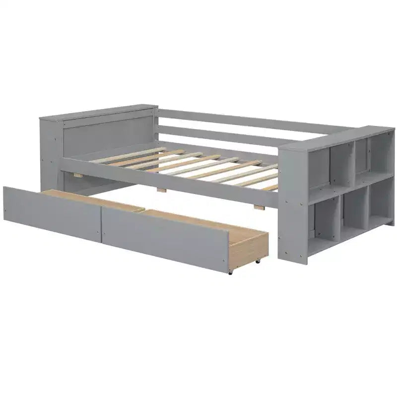 Wood Twin Size Daybed Frame with Storage Drawers, Day Bed Frame Twin with Storage Shelves for Kids Boys Girls