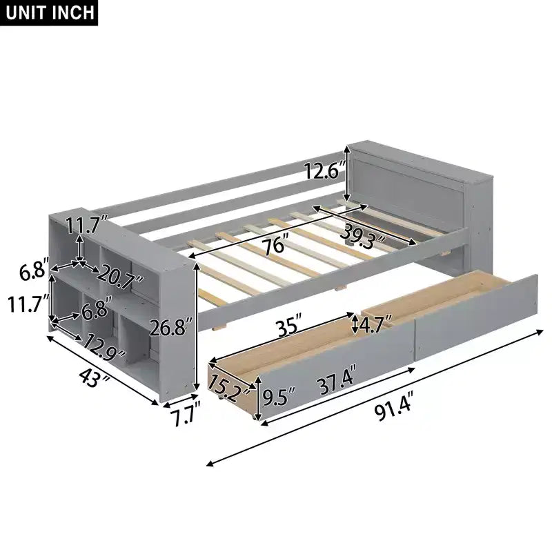 Wood Twin Size Daybed Frame with Storage Drawers, Day Bed Frame Twin with Storage Shelves for Kids Boys Girls