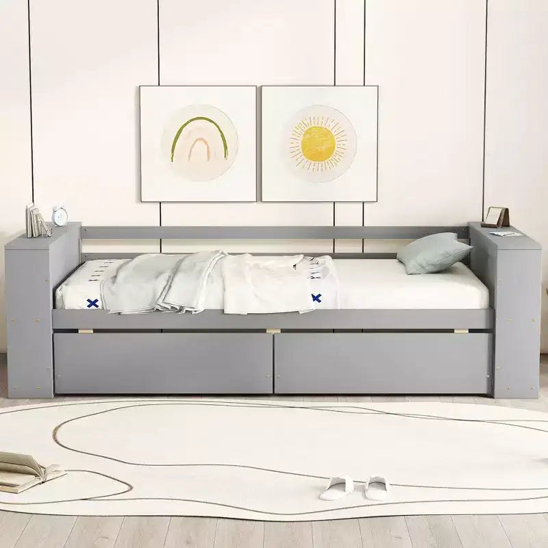 Wood Twin Size Daybed Frame with Storage Drawers, Day Bed Frame Twin with Storage Shelves for Kids Boys Girls