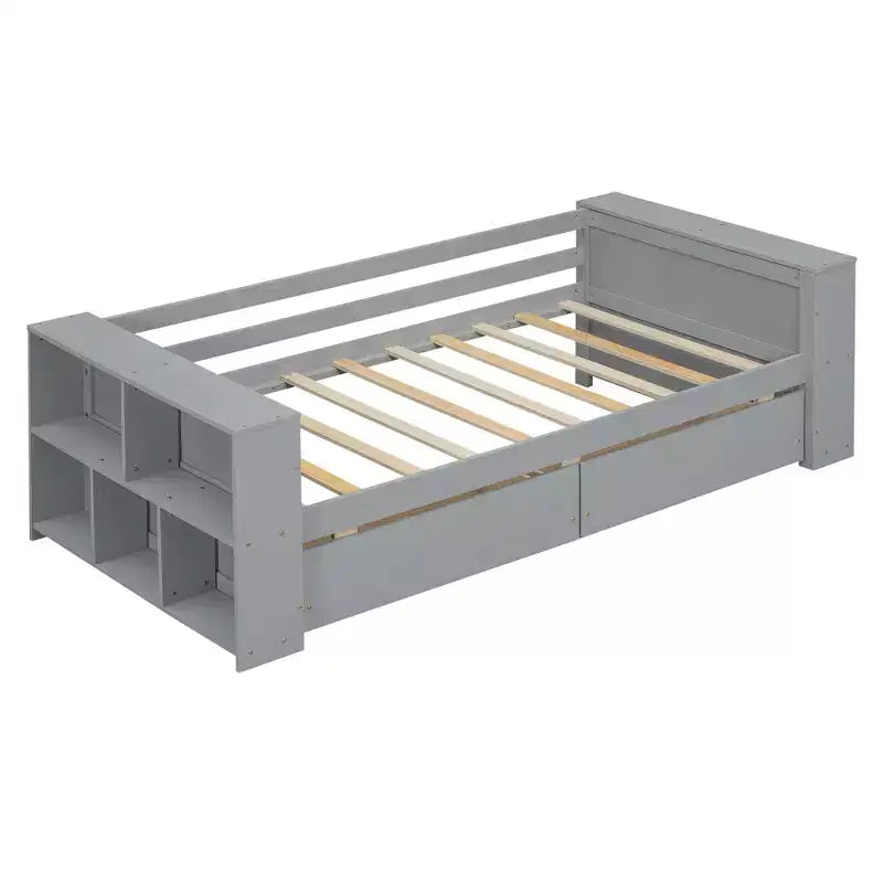 Wood Twin Size Daybed Frame with Storage Drawers, Day Bed Frame Twin with Storage Shelves for Kids Boys Girls