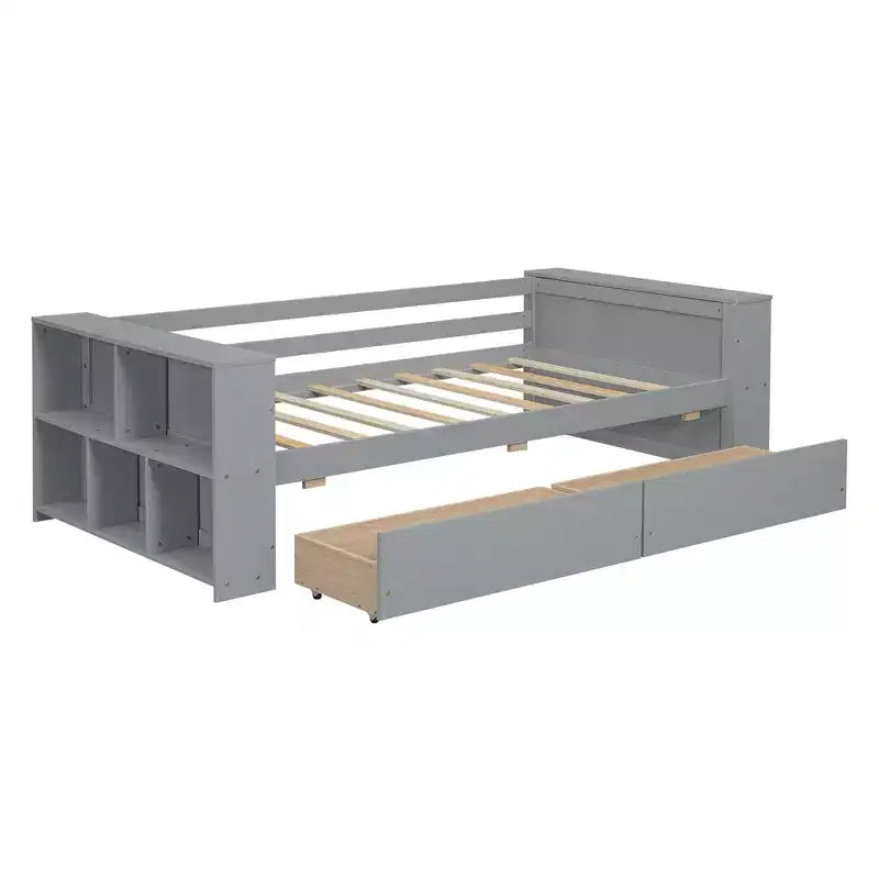 Wood Twin Size Daybed Frame with Storage Drawers, Day Bed Frame Twin with Storage Shelves for Kids Boys Girls