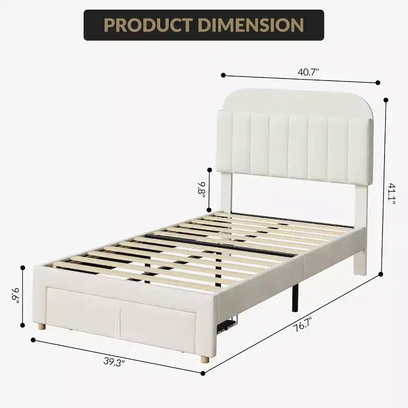 Acekool Twin Bed Frame for Kids with Upholstered Platform, Large Storage Drawer and Bookcase Headboard, Noise-Free and Easy Assembly,Beige