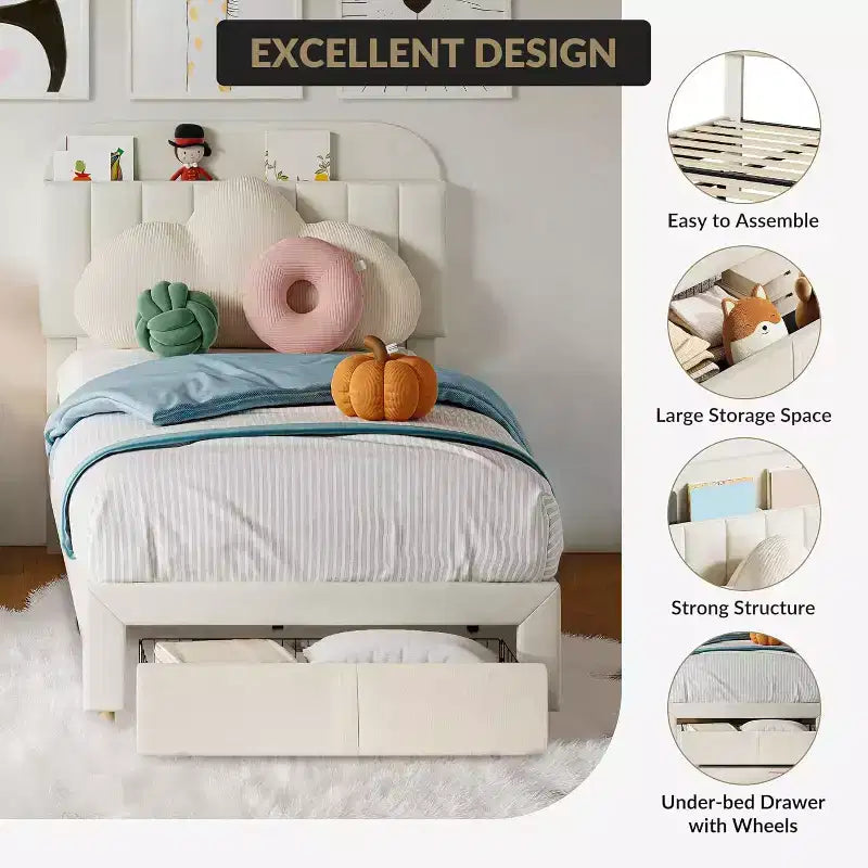 Acekool Twin Bed Frame for Kids with Upholstered Platform, Large Storage Drawer and Bookcase Headboard, Noise-Free and Easy Assembly,Beige