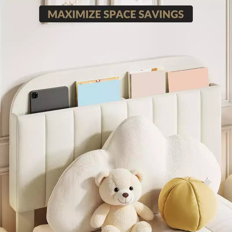 Acekool Twin Bed Frame for Kids with Upholstered Platform, Large Storage Drawer and Bookcase Headboard, Noise-Free and Easy Assembly,Beige