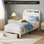 Acekool Twin Bed Frame for Kids with Upholstered Platform, Large Storage Drawer and Bookcase Headboard, Noise-Free and Easy Assembly,Beige