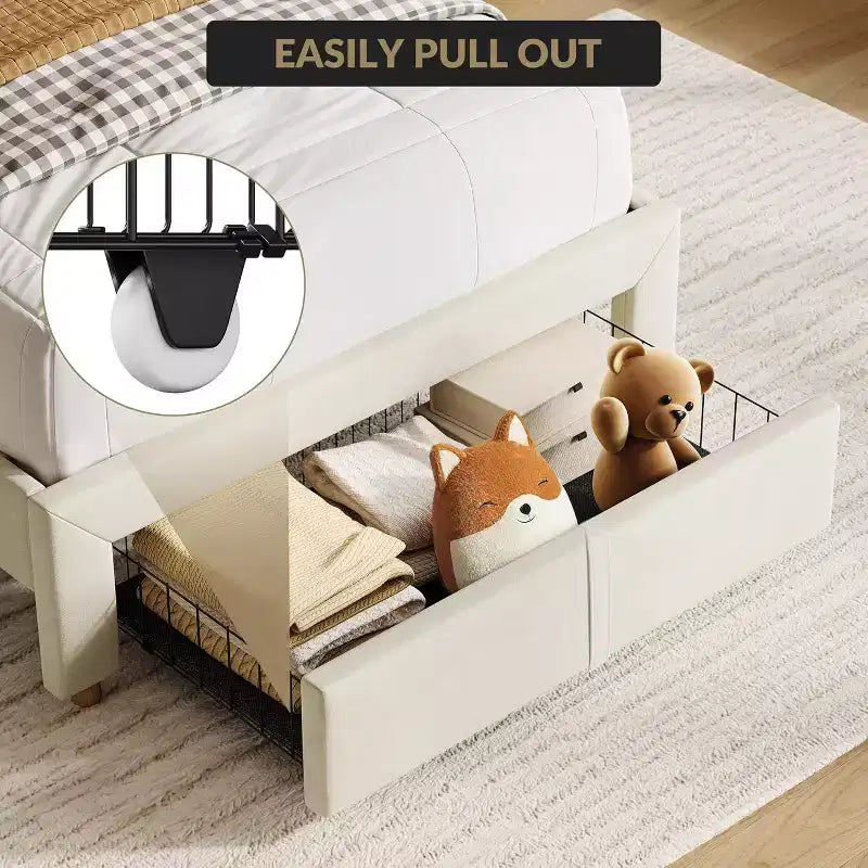 Acekool Twin Bed Frame for Kids with Upholstered Platform, Large Storage Drawer and Bookcase Headboard, Noise-Free and Easy Assembly,Beige