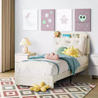Acekool Twin Bed Frame for Kids with Upholstered Platform, Large Storage Drawer and Bookcase Headboard, Noise-Free and Easy Assembly,Beige