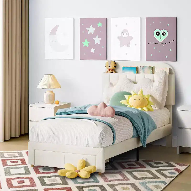 Acekool Twin Bed Frame for Kids with Upholstered Platform, Large Storage Drawer and Bookcase Headboard, Noise-Free and Easy Assembly,Beige