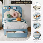 Acekool Twin Bed Frame for Kids with Upholstered Platform, Large Storage Drawer and Bookcase Headboard, Noise-Free and Easy Assembly,Beige