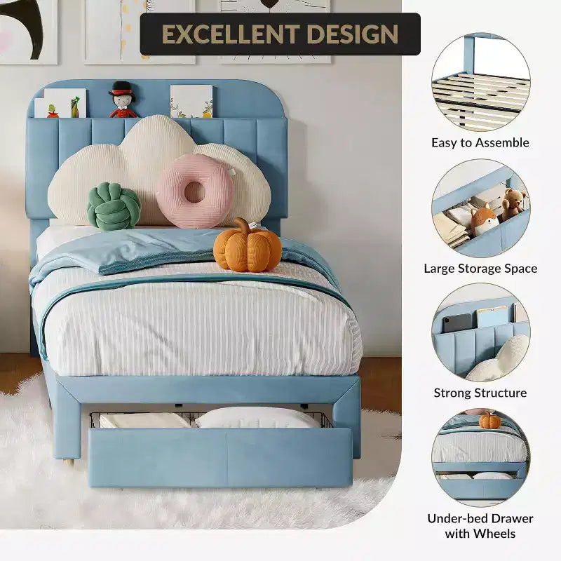 Acekool Twin Bed Frame for Kids with Upholstered Platform, Large Storage Drawer and Bookcase Headboard, Noise-Free and Easy Assembly,Beige