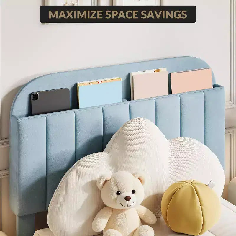 Acekool Twin Bed Frame for Kids with Upholstered Platform, Large Storage Drawer and Bookcase Headboard, Noise-Free and Easy Assembly,Beige