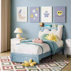 Acekool Twin Bed Frame for Kids with Upholstered Platform, Large Storage Drawer and Bookcase Headboard, Noise-Free and Easy Assembly,Beige
