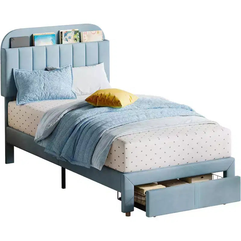 Acekool Twin Bed Frame for Kids with Upholstered Platform, Large Storage Drawer and Bookcase Headboard, Noise-Free and Easy Assembly,Beige