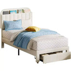 Acekool Twin Bed Frame for Kids with Upholstered Platform, Large Storage Drawer and Bookcase Headboard, Noise-Free and Easy Assembly,Beige