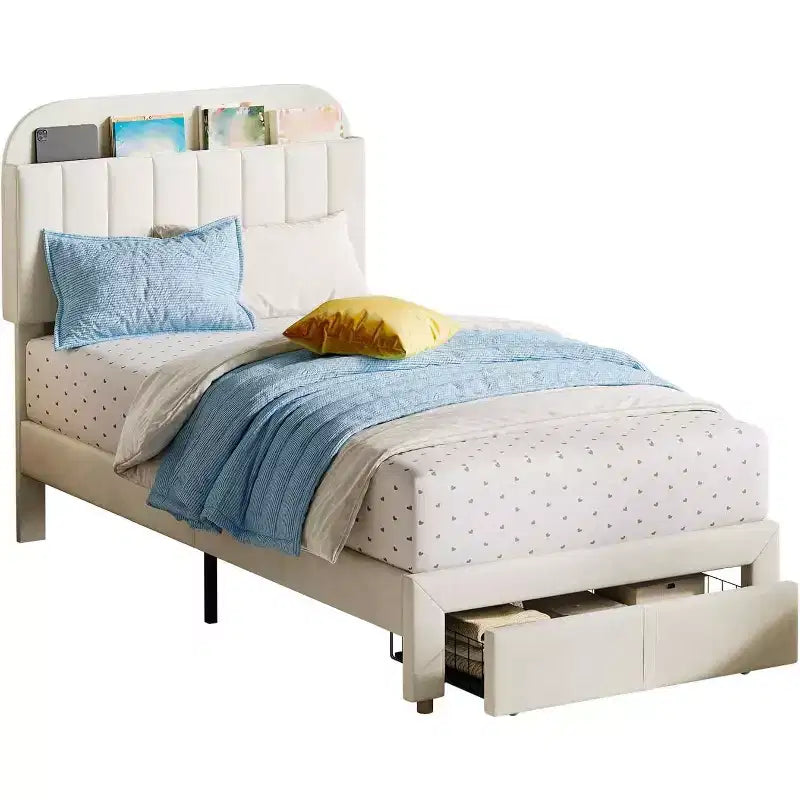 Acekool Twin Bed Frame for Kids with Upholstered Platform, Large Storage Drawer and Bookcase Headboard, Noise-Free and Easy Assembly,Beige