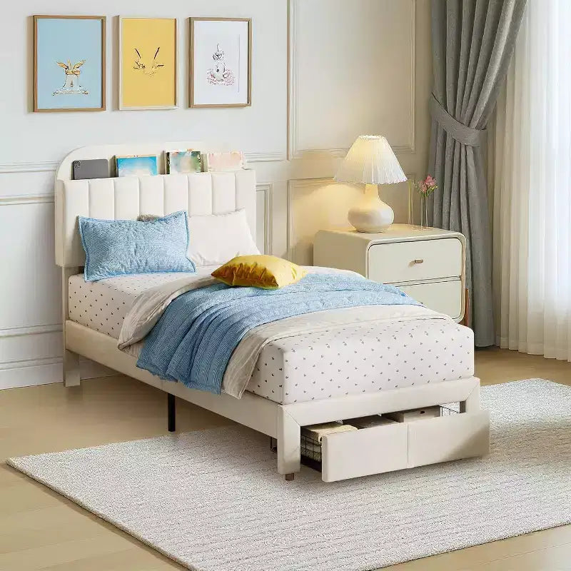 Acekool Twin Bed Frame for Kids with Upholstered Platform, Large Storage Drawer and Bookcase Headboard, Noise-Free and Easy Assembly,Beige
